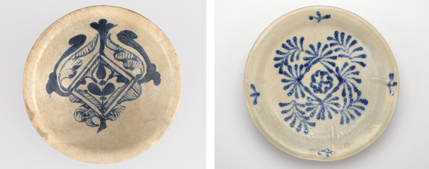 Left: Bowl, 9th century, Abbasid period. F1966.11. Right: Dish with overlapping lozenge motif from the Belitung wreck.