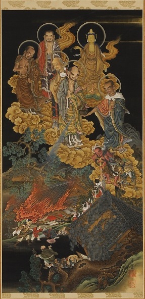 The rakan who are brought to the fore, shown making various gestures of compassion while the diminished bodhisattva virtually recedes into the inky background.