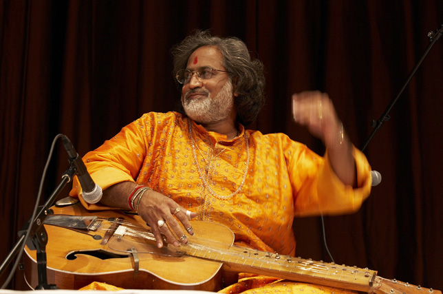 bhatt enthusistically playing the mohan vina