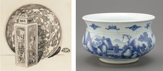 porcelain incense burner, drawing of porcelain canister and dish