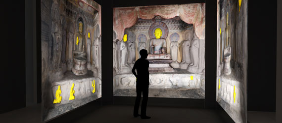 Buddha 2.0: Digital cave render from the exhibition Echoes of the Past: The Buddhist Cave Temples of Xiangtangshan. Credit: Jason Salavon and Travis Saul; Below: Seated bodhisattva