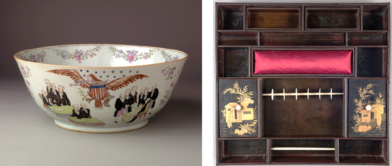 Punch bowl, 1920–1947; Jingdezhen, China; hard-paste porcelain, lime glaze; Bequest of Henry Francis du Pont, 1966.636. Right: Detail, sewing table, 1820–1840; China; wood, silk, lacquer, paint, gilt, brass, ivory; Gift of Mrs. G. Brooks Thayer, 1962.223. Both images courtesy of Winterthur Museum.