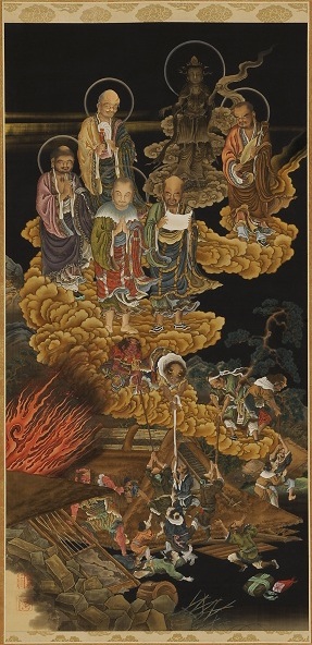 The rakan who are brought to the fore, shown making various gestures of compassion while the diminished bodhisattva virtually recedes into the inky background.