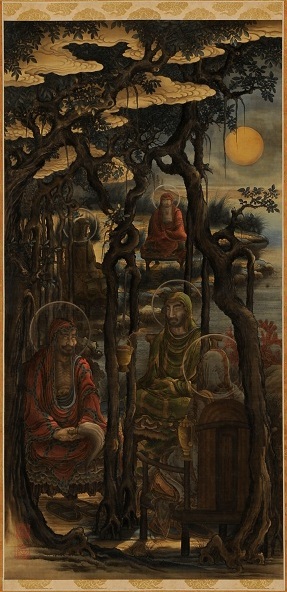 Three rakan sit in meditation around an incense burner suspended from a tree's bizarre roots.