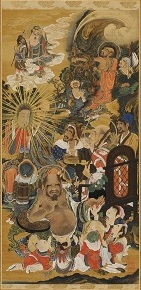 The potbellied rakan in the foreground has been cast as Hotei, the folkloric Chinese deity of plenitude and contentment, often represented with adoring children.