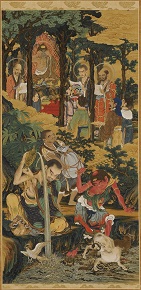 A rakan seated before a flaming mandorla peels off his face to reveal himself as Acala, or Fudō Myō'ō, the "Immovable One."
