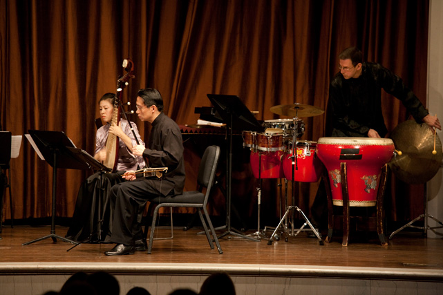 (Left to right) Artistic director Yoon Jeong Heo takes a curtain call with Kwon Soon Kang, Ned Rothenberg, and Young Chi Min.